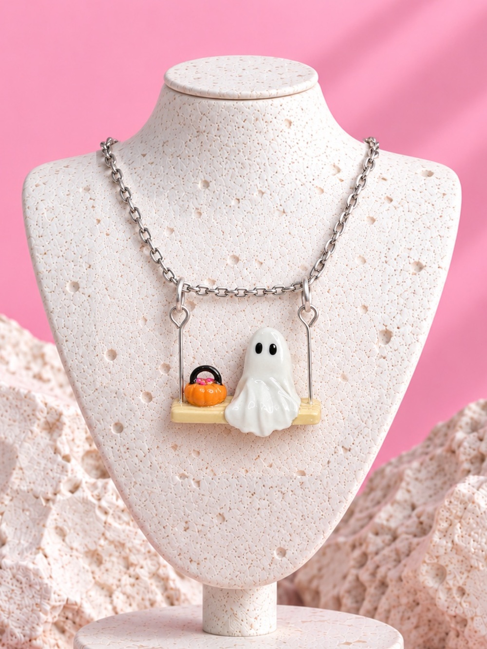 Swinging Ghostie with Trick or Treat Basket — Halloween — Handmade Necklace